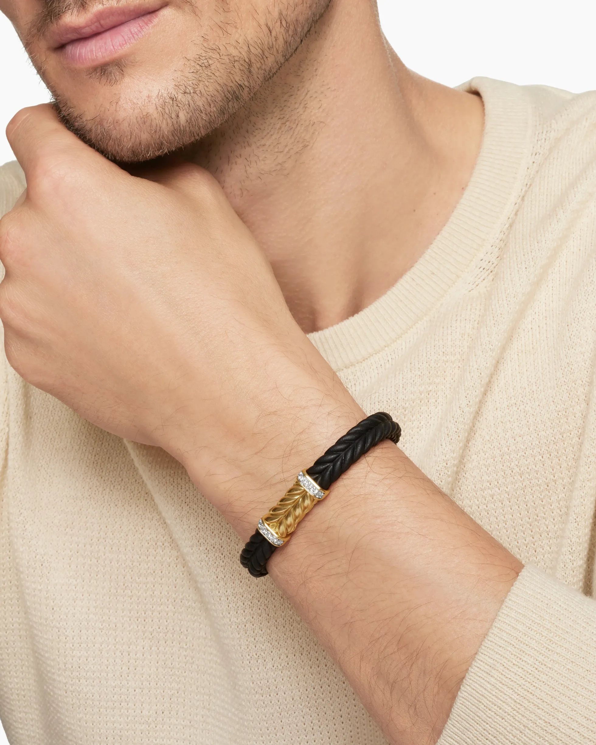 Chevron Bracelet Black Rubber with 18K Yellow Gold and Diamonds, 9mm