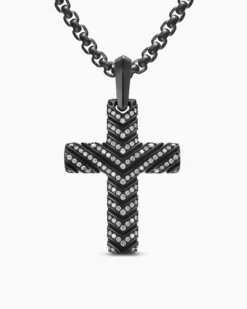 Chevron Cross Pendant Black Titanium with Diamonds, 36mm