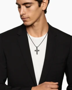Chevron Cross Pendant Black Titanium with Diamonds, 36mm