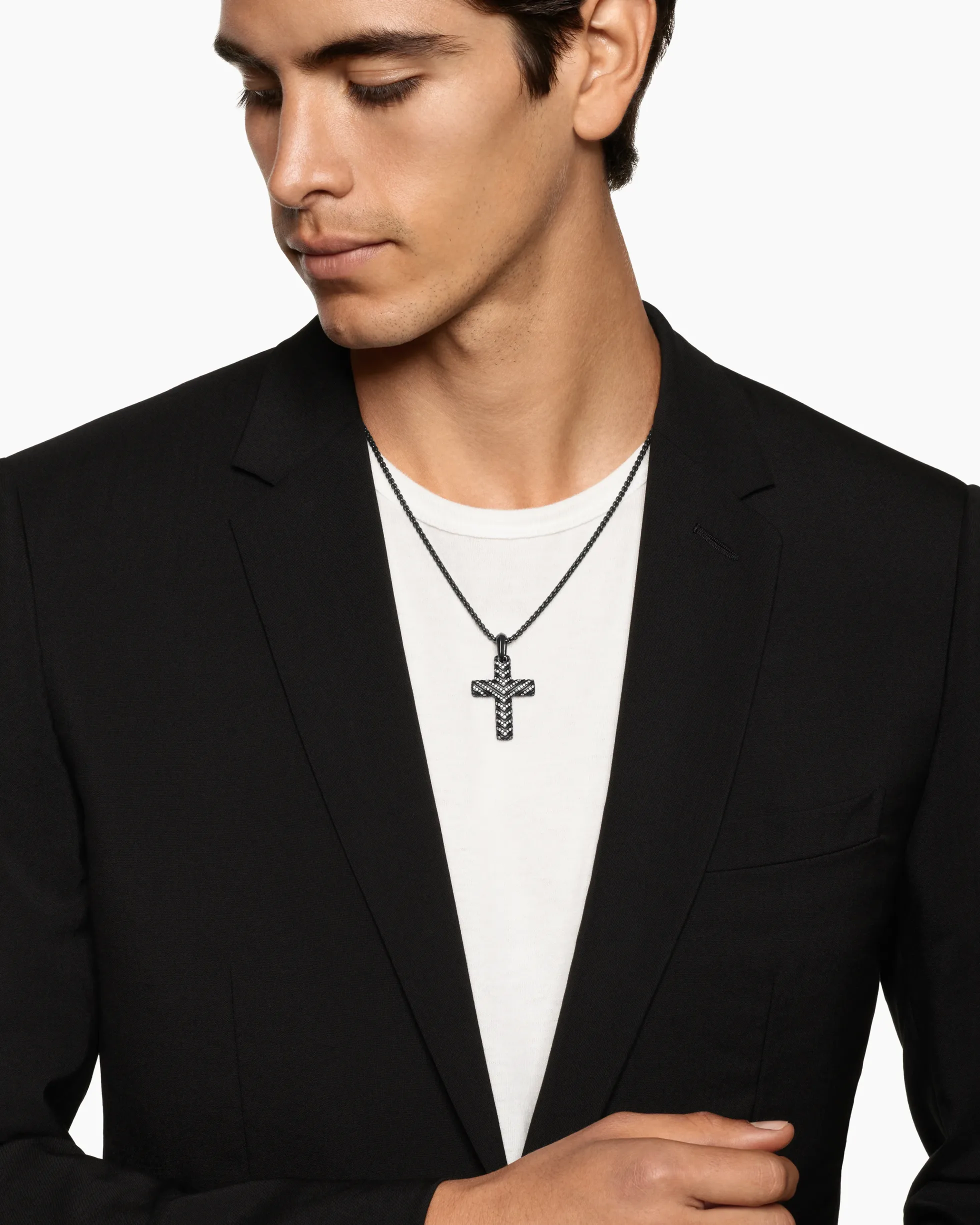 Chevron Cross Pendant Black Titanium with Diamonds, 36mm