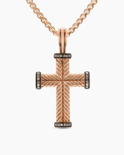 Chevron Cross Pendant 18K Rose Gold with Cognac Diamonds, 33mm