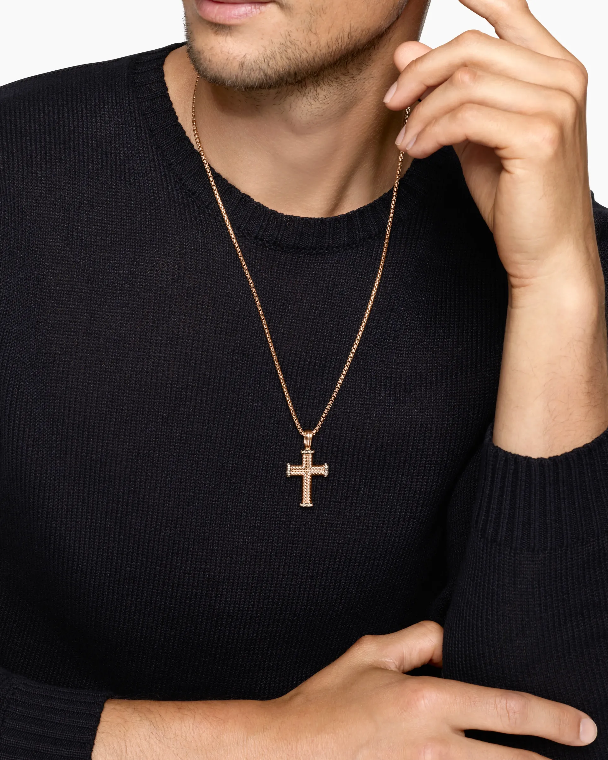 Chevron Cross Pendant 18K Rose Gold with Cognac Diamonds, 33mm