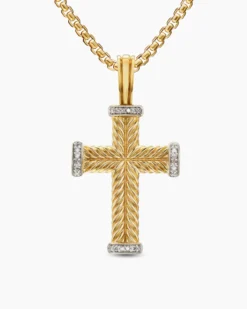 Chevron Cross Pendant 18K Yellow Gold with Diamonds, 33mm