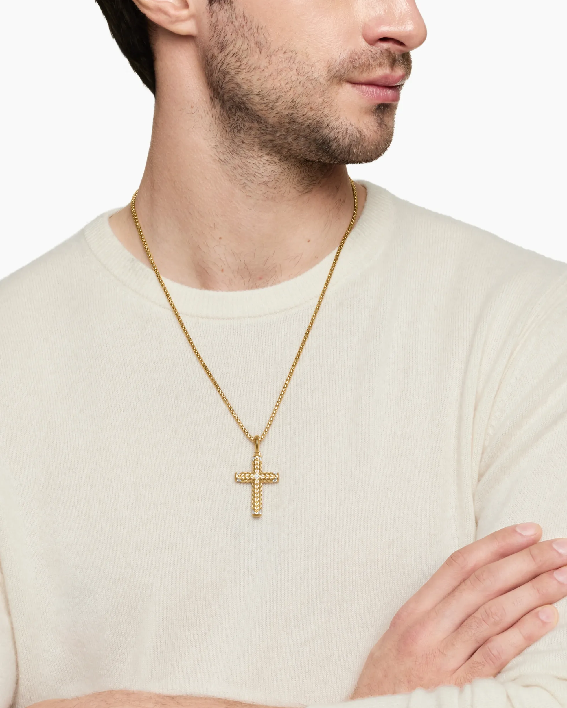Chevron Cross Pendant 18K Yellow Gold with Diamonds, 36mm