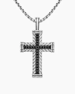 Chevron Cross Pendant Sterling Silver with Black Diamonds, 41.5mm