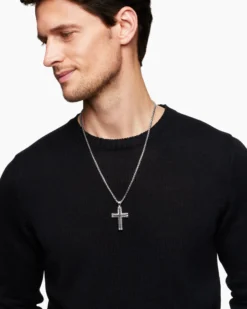 Chevron Cross Pendant Sterling Silver with Black Diamonds, 41.5mm