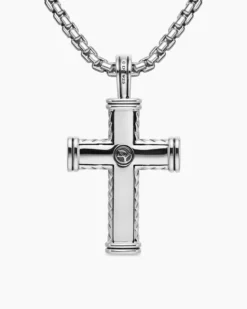 Chevron Cross Pendant Sterling Silver with Black Diamonds, 41.5mm