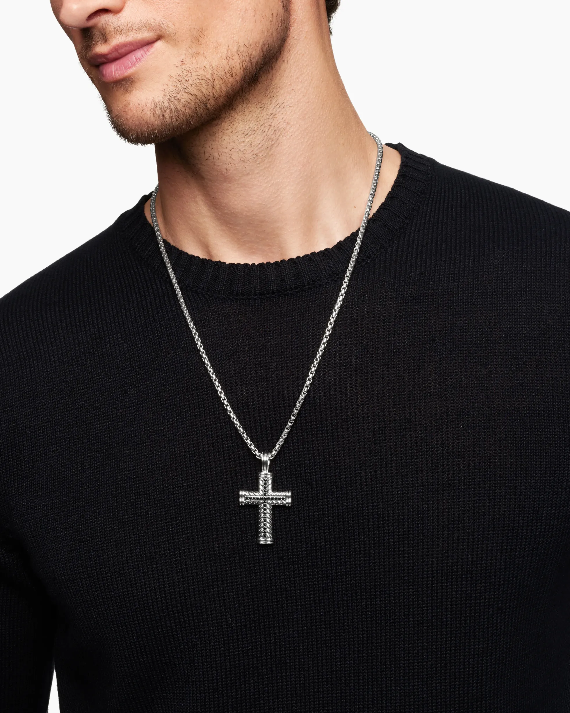 Chevron Cross Pendant Sterling Silver with Black Diamonds, 41.5mm