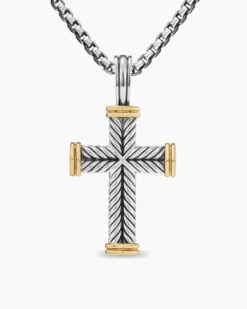 Chevron Cross Pendant Sterling Silver with 18K Yellow Gold, 33mm