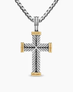 Chevron Cross Pendant Sterling Silver with 18K Yellow Gold, 33mm