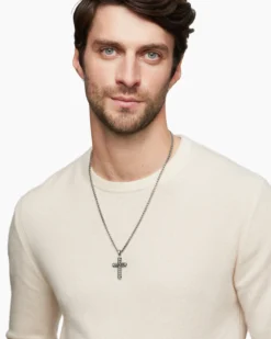 Chevron Cross Pendant Sterling Silver with Black Diamonds, 36mm