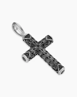 Chevron Cross Pendant Sterling Silver with Black Diamonds, 36mm