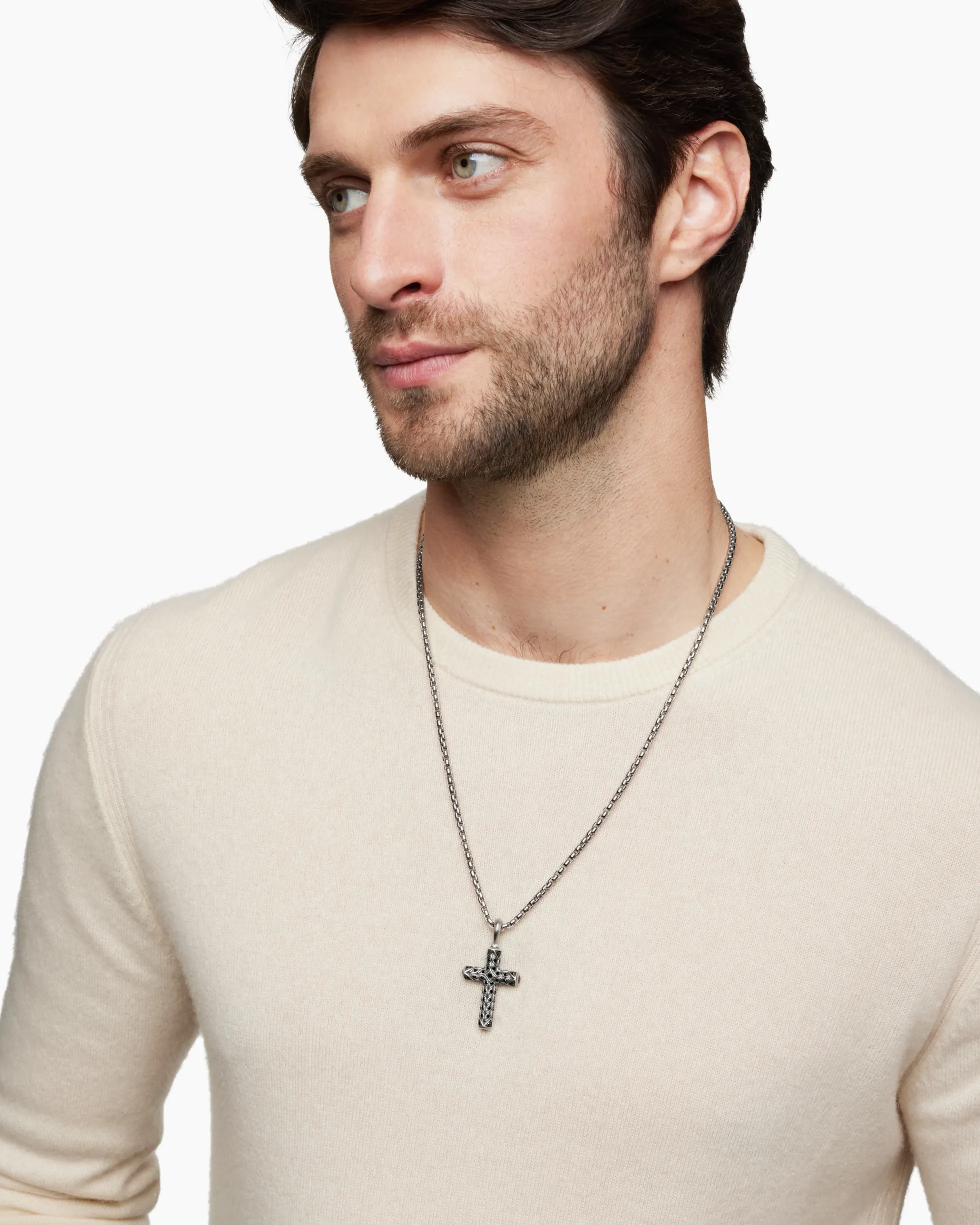 Chevron Cross Pendant Sterling Silver with Black Diamonds, 36mm