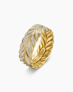 Chevron Pavé Band Ring 18K Yellow Gold with Diamonds, 9mm