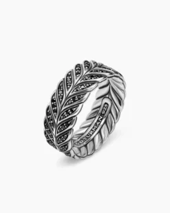 Chevron Pavé Band Ring Sterling Silver with Black Diamonds, 9mm