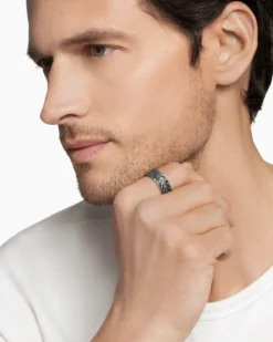 Chevron Pavé Band Ring Sterling Silver with Black Diamonds, 9mm
