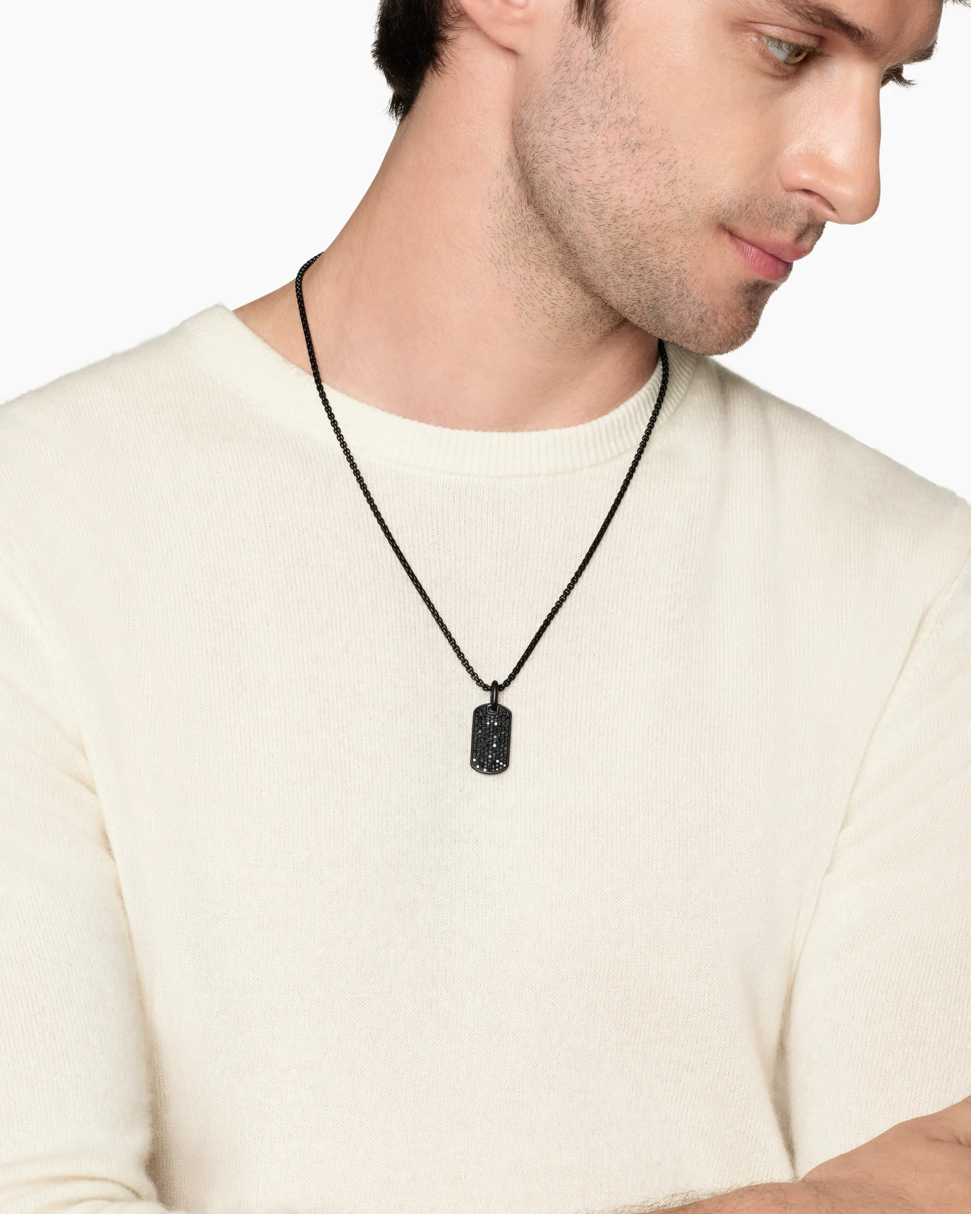 Chevron Tag Black Titanium with Sterling Silver and Black Diamonds, 27mm