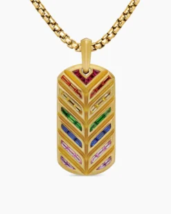 Chevron Tag 18K Yellow Gold with Rainbow Baguettes, 35mm