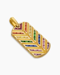 Chevron Tag 18K Yellow Gold with Rainbow Baguettes, 35mm