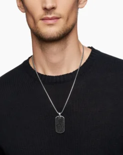 Chevron Tag Sterling Silver with Black Diamonds, 42mm