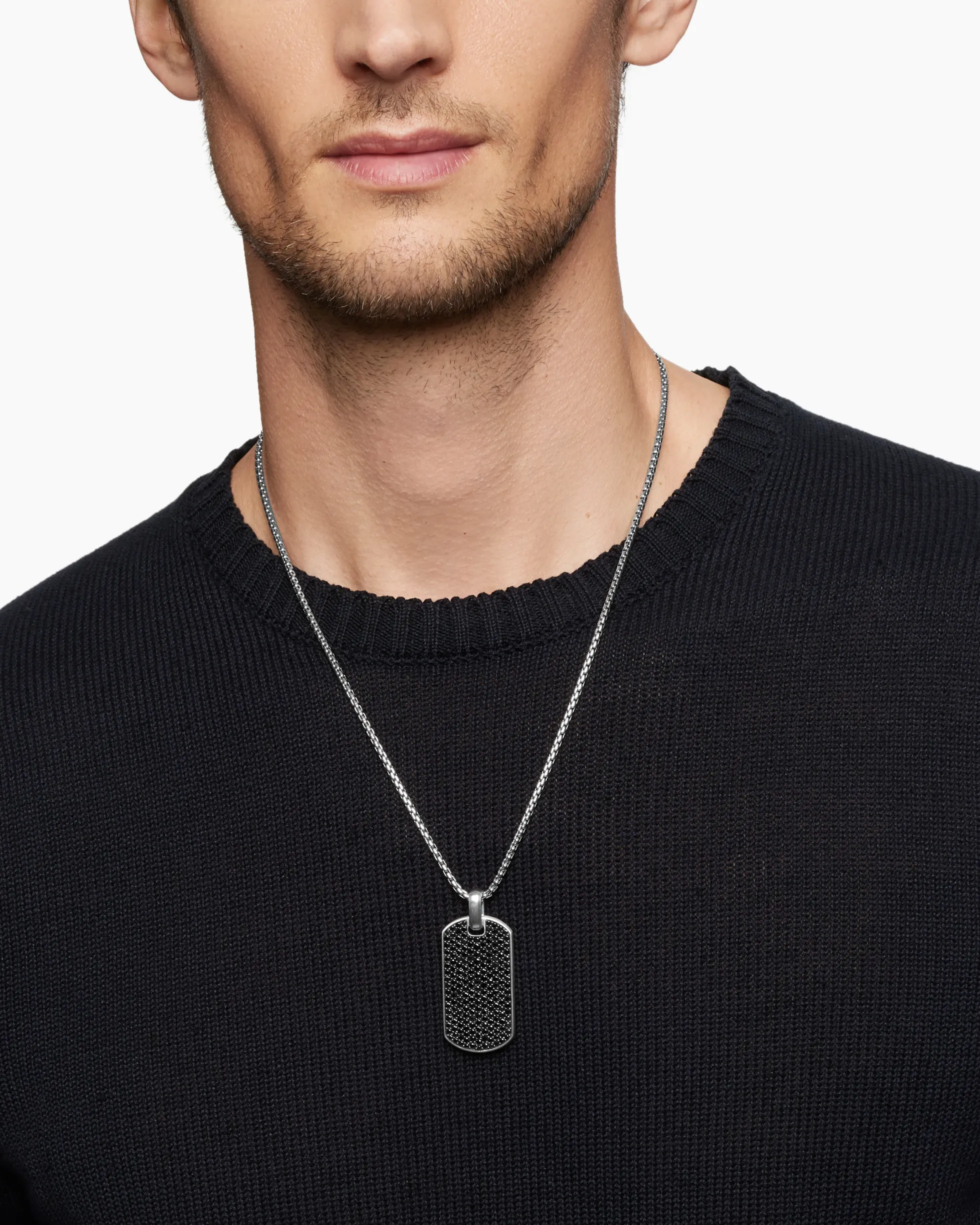Chevron Tag Sterling Silver with Black Diamonds, 42mm