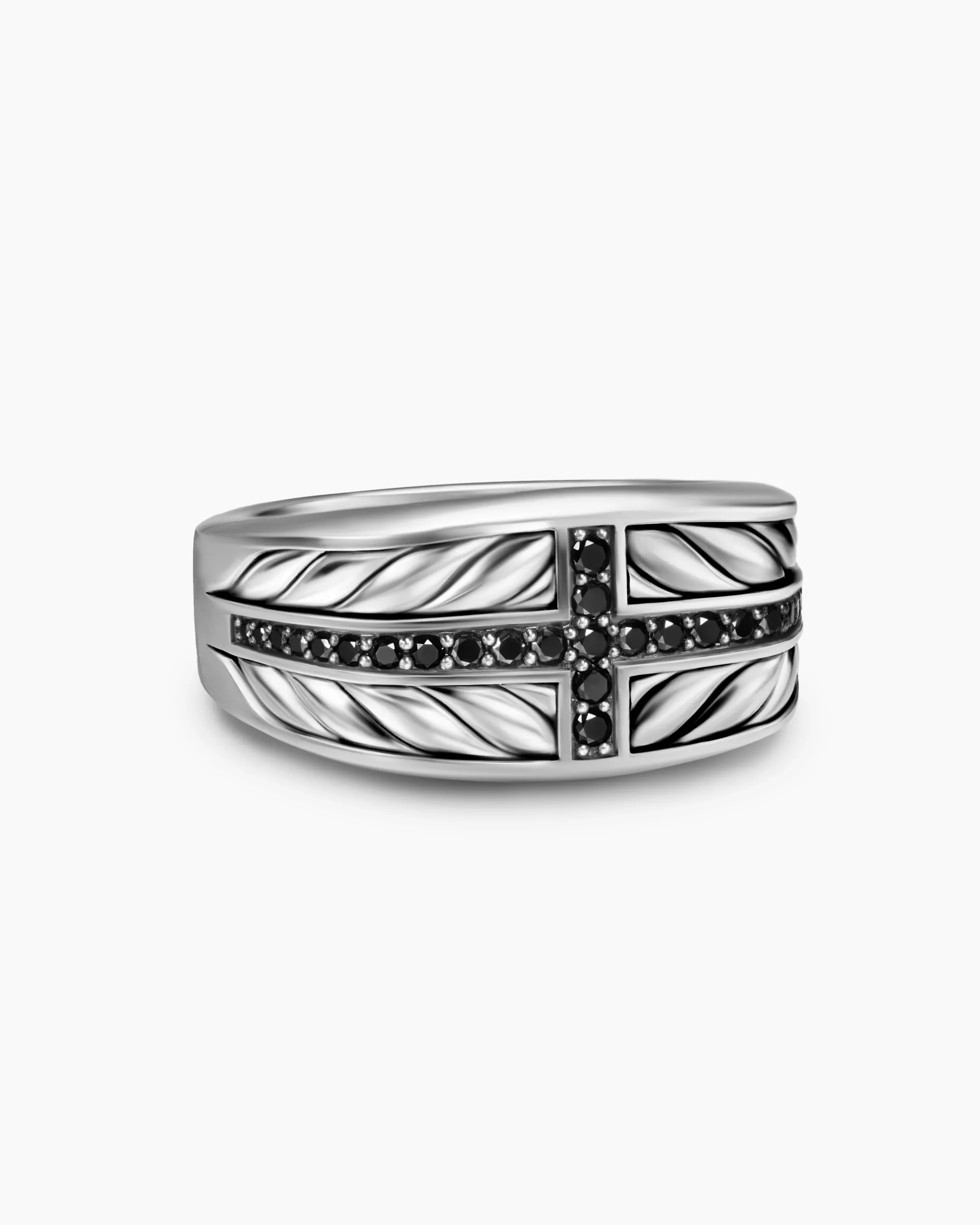 Chevron Three Sided Signet Ring Sterling Silver with Black Diamonds, 12.5mm