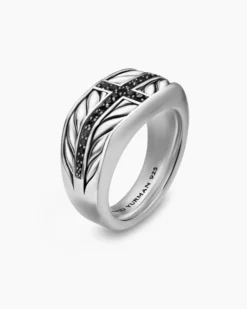 Chevron Three Sided Signet Ring Sterling Silver with Black Diamonds, 12.5mm