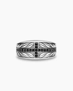 Chevron Three Sided Signet Ring Sterling Silver with Black Diamonds, 12.5mm