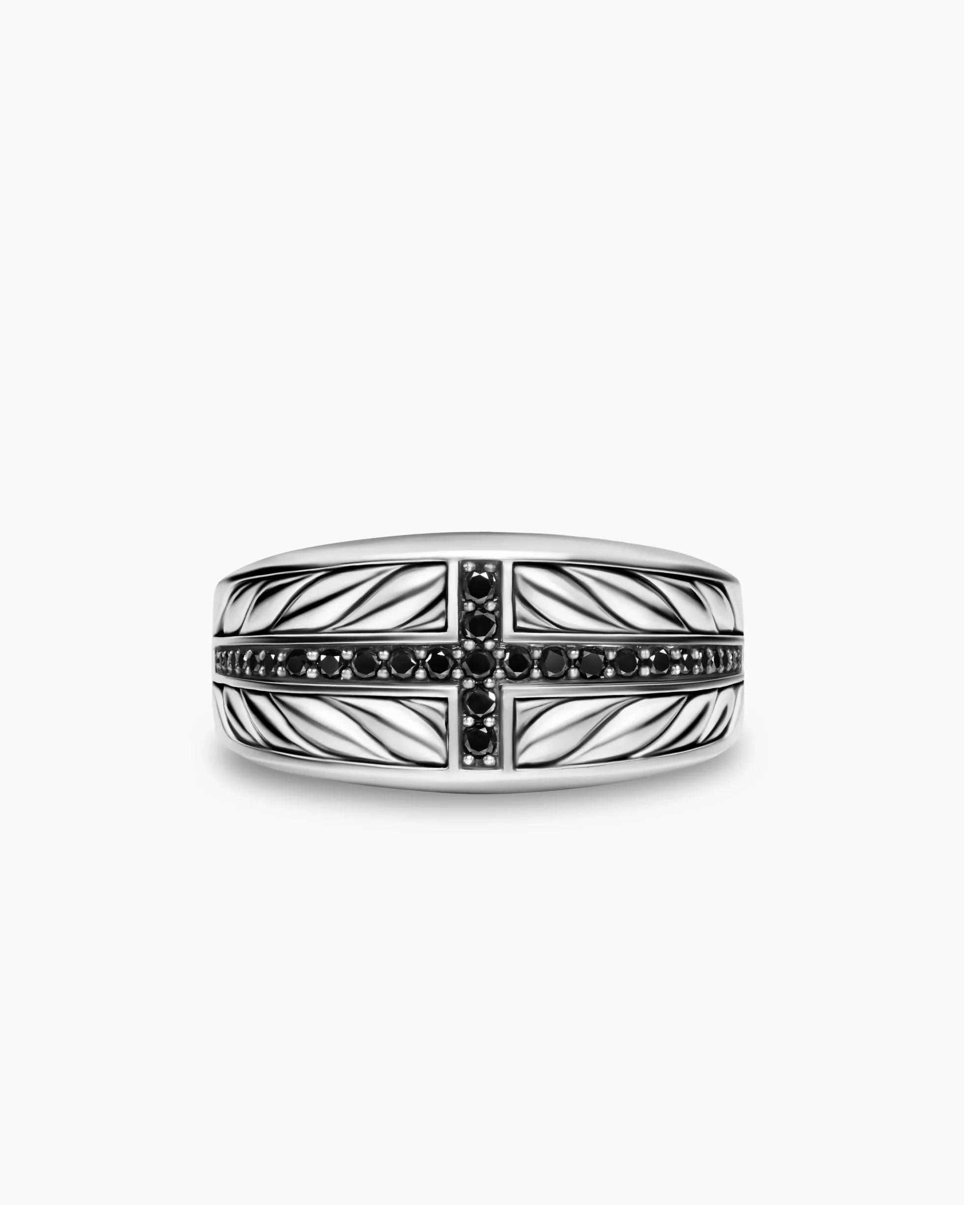 Chevron Three Sided Signet Ring Sterling Silver with Black Diamonds, 12.5mm