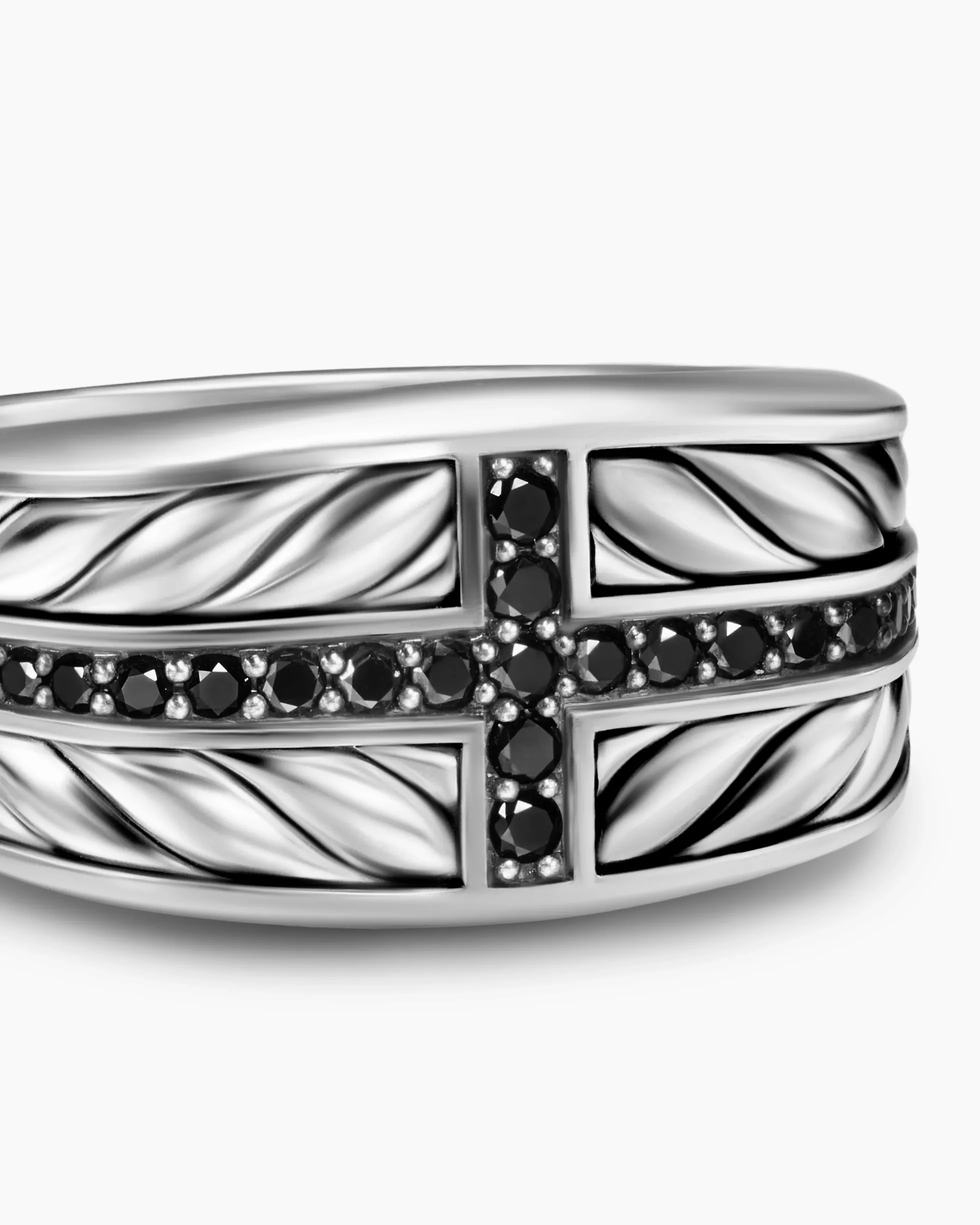 Chevron Three Sided Signet Ring Sterling Silver with Black Diamonds, 12.5mm