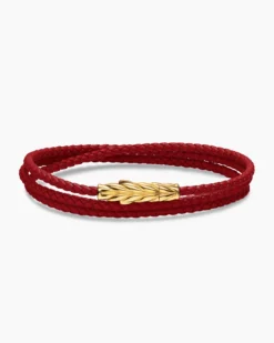 Chevron Triple Wrap Bracelet Red Leather with 18K Yellow Gold, 3mm
