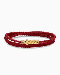 Chevron Triple Wrap Bracelet Red Leather with 18K Yellow Gold, 3mm