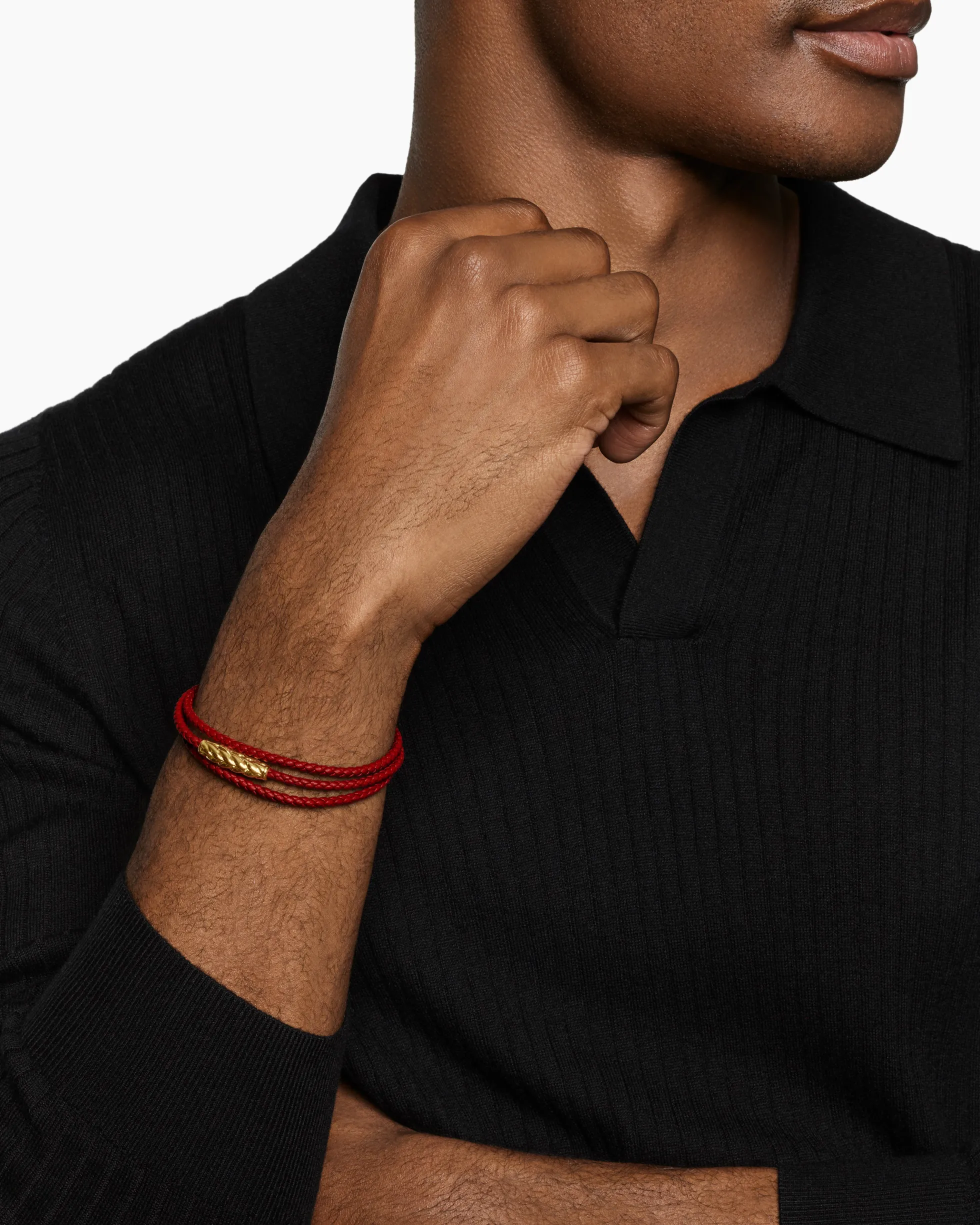 Chevron Triple Wrap Bracelet Red Leather with 18K Yellow Gold, 3mm