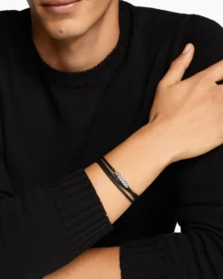 Chevron Triple Wrap Bracelet Black Leather with Sterling Silver, 3mm