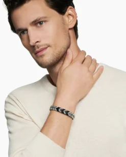 Chevron Woven Bracelet Black Titanium with Sterling Silver and Black Nylon, 12mm