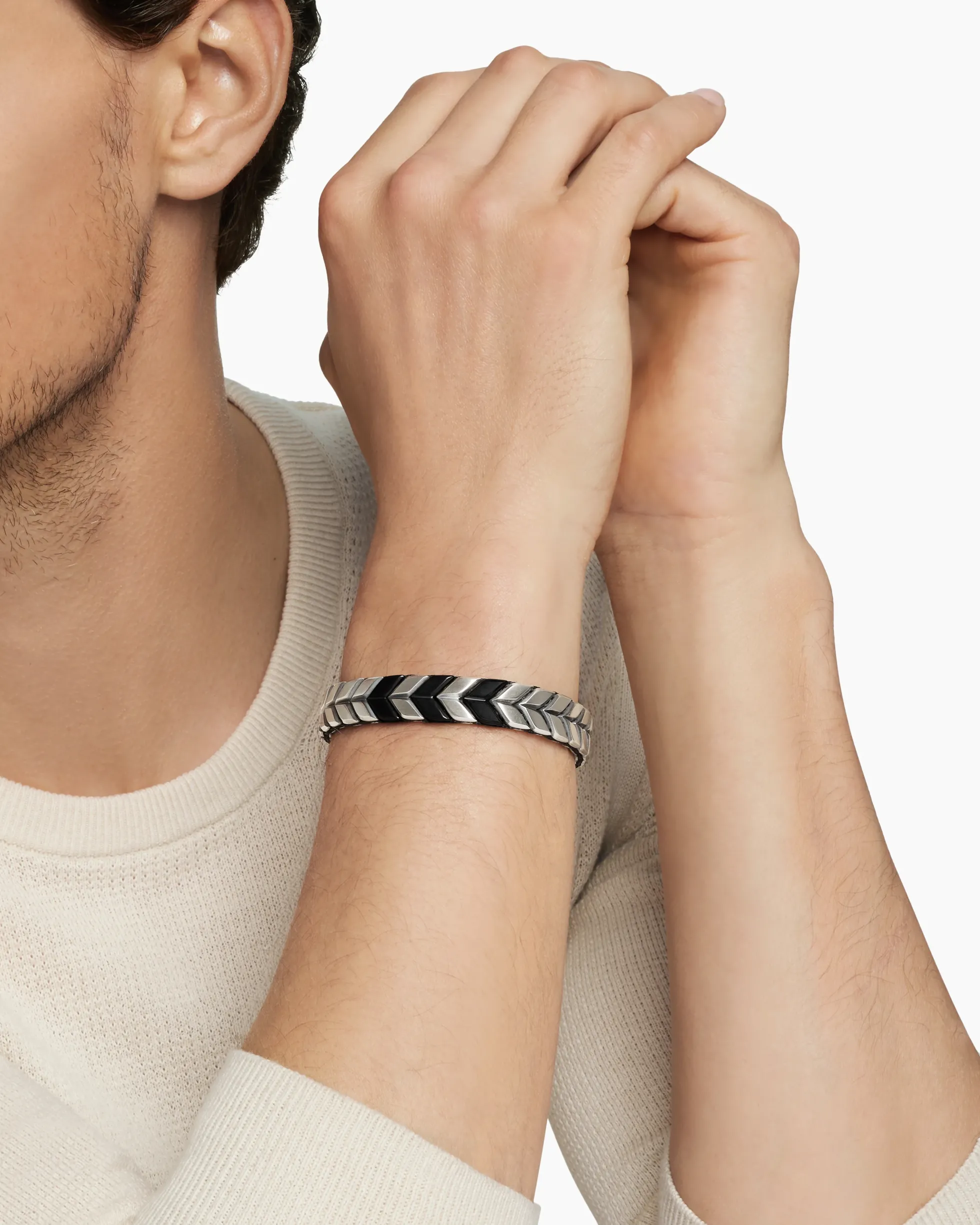 Chevron Woven Bracelet Black Titanium with Sterling Silver and Black Nylon, 12mm