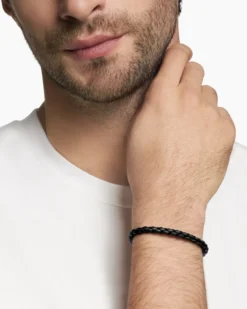 Chevron Woven Bracelet Black Rubber and Sterling Silver, 6mm