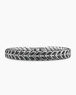 Chevron Woven Bracelet Sterling Silver with Black Diamonds and Black Nylon, 9mm