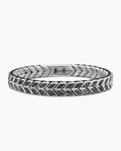 Chevron Woven Bracelet Sterling Silver with Black Diamonds and Black Nylon, 9mm