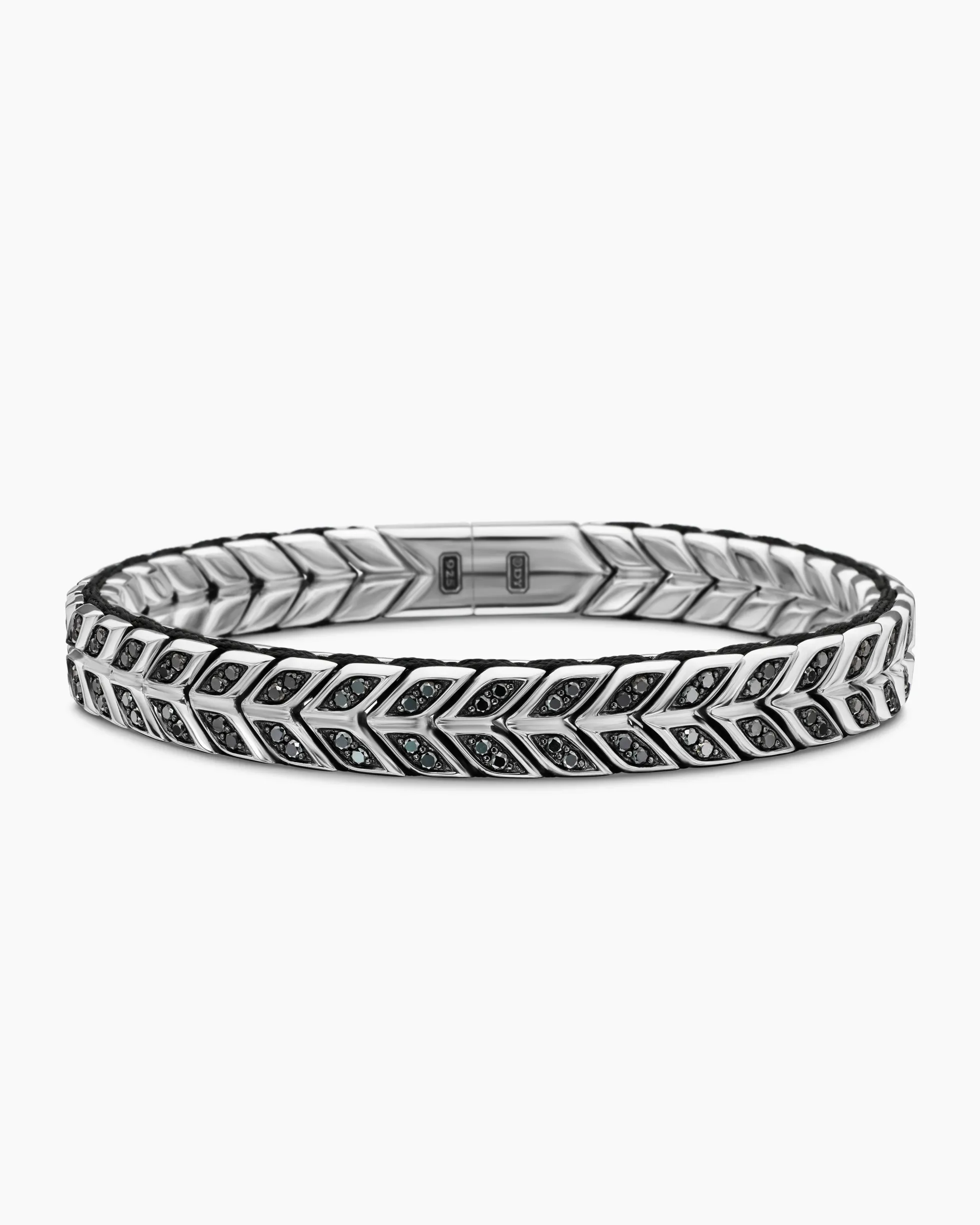 Chevron Woven Bracelet Sterling Silver with Black Diamonds and Black Nylon, 9mm