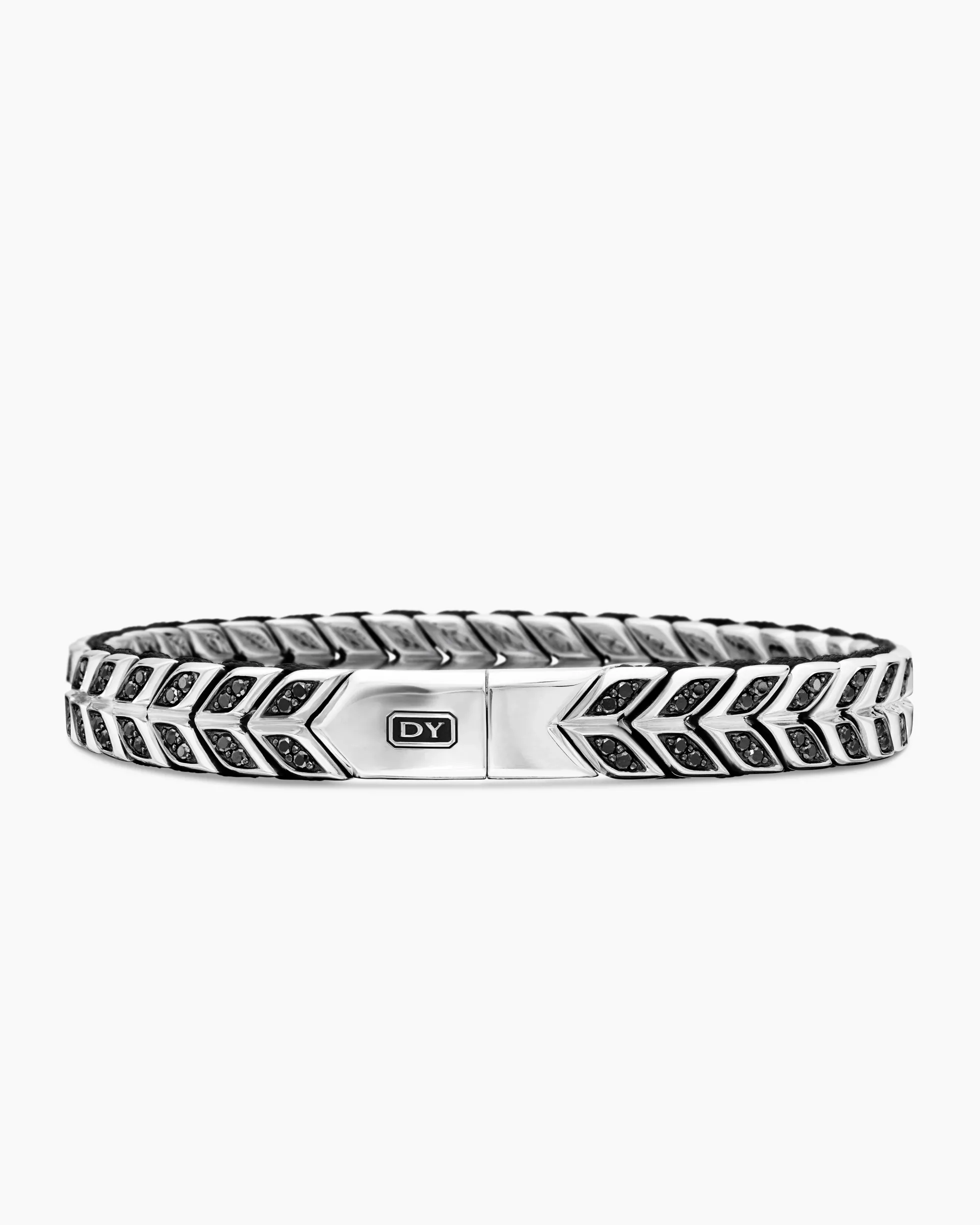 Chevron Woven Bracelet Sterling Silver with Black Diamonds and Black Nylon, 9mm