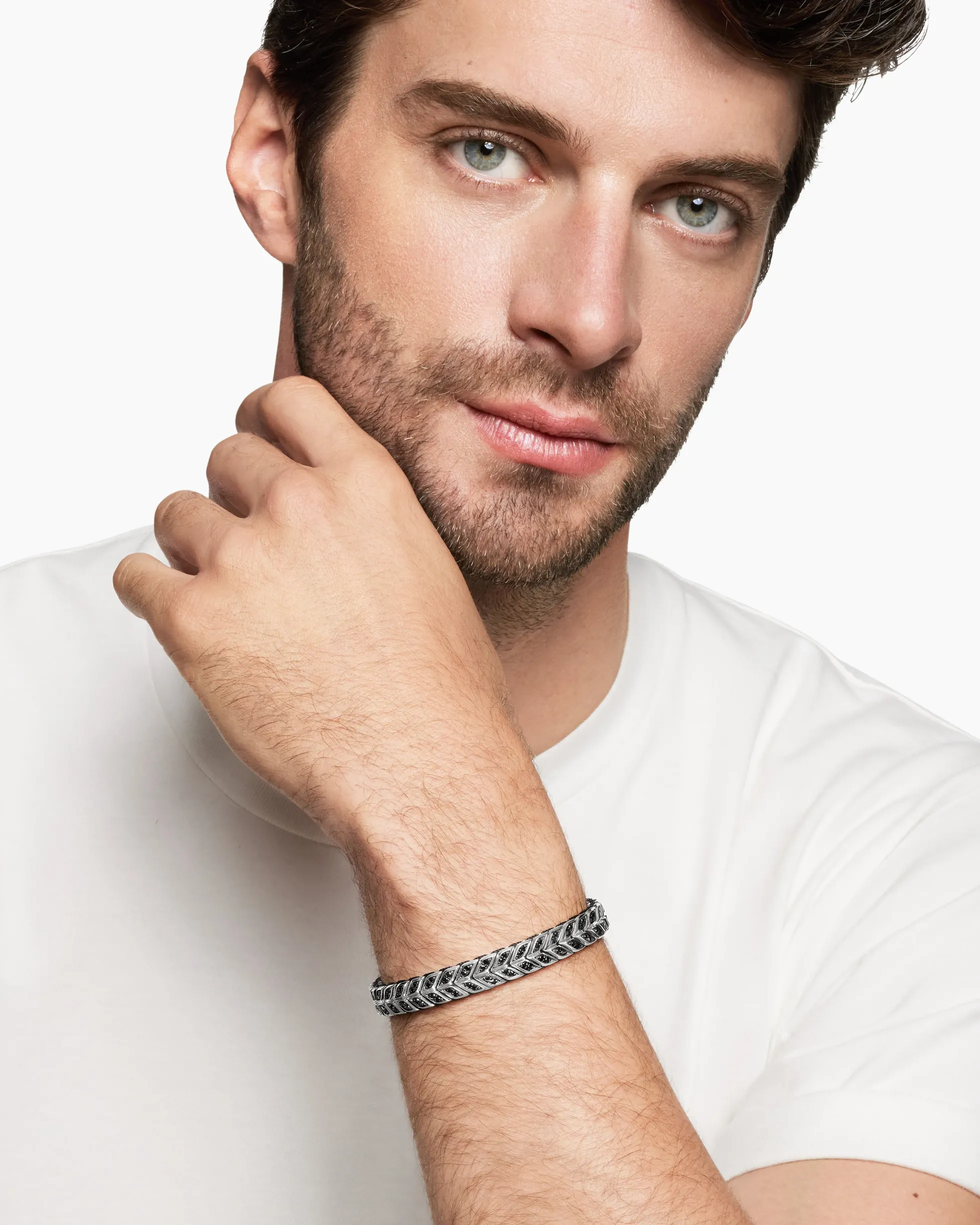 Chevron Woven Bracelet Sterling Silver with Black Diamonds and Black Nylon, 9mm