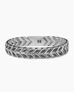 Chevron Woven Bracelet Sterling Silver with Black Diamonds and Black Nylon, 12mm