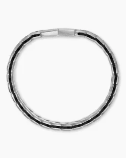Chevron Woven Bracelet Sterling Silver with Black Diamonds and Black Nylon, 12mm