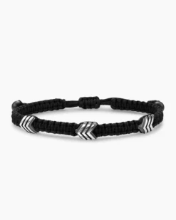 Chevron Woven Station Bracelet Black Nylon with Sterling Silver and Black Onyx, 8.6mm