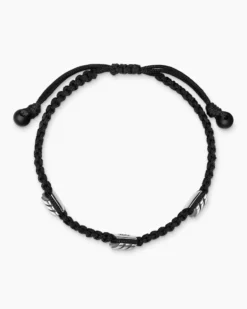 Chevron Woven Station Bracelet Black Nylon with Sterling Silver and Black Onyx, 8.6mm