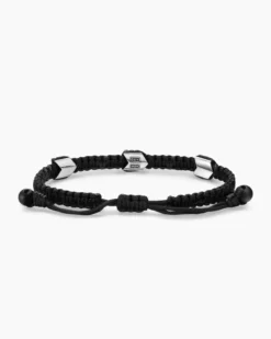 Chevron Woven Station Bracelet Black Nylon with Sterling Silver and Black Onyx, 8.6mm