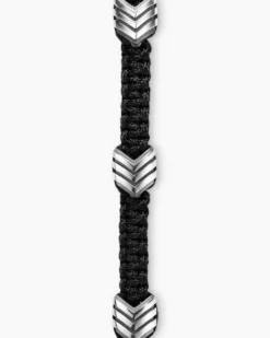 Chevron Woven Station Bracelet Black Nylon with Sterling Silver and Black Onyx, 8.6mm