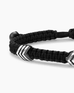 Chevron Woven Station Bracelet Black Nylon with Sterling Silver and Black Onyx, 8.6mm