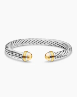 Classic Cable Bracelet Sterling Silver with 14K Yellow Gold Domes, 7mm